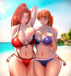 Rule 34 | 2girls, artist name, asymmetrical docking, beach, bikini, blue bikini, blush, breast press, breasts, brown eyes, brown hair, cleavage, cowboy shot, crossover, curvy, dead or alive, fatal fury, female focus, hand on own chest, huge breasts, kasumi (doa), large breasts, long hair, looking at viewer, matching hair/eyes, midriff, multi-strapped bikini bottom, multiple girls, navel, ninja, one eye closed, outdoors, parted lips, ponytail, red bikini, red eyes, shiranui mai, smile, snk, standing, sunlight, swimsuit, the king of fighters, thick thighs, thighs, trait connection, underboob, watermark, wide hips, wink