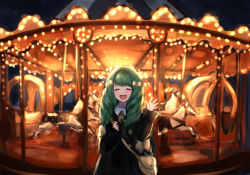 Rule 34 | 1girl, bad id, bad pixiv id, bag, blush, carousel, closed eyes, commentary request, fire emblem, fire emblem: three houses, flayn (fire emblem), garreg mach monastery uniform, green hair, highres, horse, long hair, mihitashi, nintendo, open mouth, solo, waving