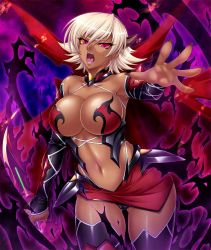 Rule 34 | 00s, 1girl, armpits, aura, bare shoulders, breasts, cameltoe, cape, claws, cleavage, colored sclera, corruption, dark-skinned female, dark persona, dark skin, demon, demon girl, detached sleeves, energy, fangs, female focus, fire, glowing, highres, horns, igawa sakura, kagami hirotaka, large breasts, lilith-soft, looking at viewer, magic, miniskirt, navel, open mouth, outstretched arm, outstretched hand, pink eyes, revealing clothes, short hair, skirt, solo, taimanin (series), taimanin asagi, taimanin asagi kessen arena, tan, thong, white hair, wide hips, yellow sclera