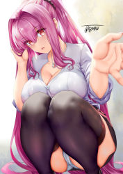 Rule 34 | 1girl, :o, alternate costume, black skirt, breasts, cleavage, commentary request, dress shirt, fate/grand order, fate (series), hair between eyes, hand on own head, head tilt, high ponytail, jewelry, large breasts, long hair, necklace, office lady, open mouth, outstretched hand, panties, pencil skirt, purple hair, red eyes, scathach (fate), scrunchie, shirt, sidelocks, skirt, squatting, teacher, thighhighs, thighs, toyoman, underwear, upskirt, very long hair, white panties, white shirt