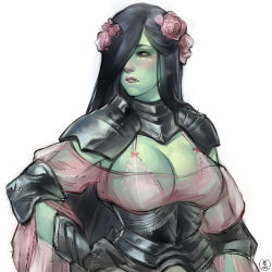 Rule 34 | 1girl, armor, bad id, bad tumblr id, blue eyes, borrowed character, bra, breasts, cleavage, colored skin, cropped, elbow pads, female orc, flower, gauntlets, gorget, green skin, hair flower, hair ornament, hair over one eye, highres, large breasts, lingerie, lips, long hair, mole, mole under eye, nat the lich, nina (scathegrapes), orc, original, plate armor, rose, see-through, shoulder armor, solo, straight hair, tusks, underwear, upper body, white bra