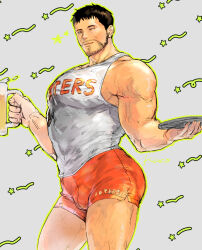 Rule 34 | 1boy, bara, black hair, chris redfield, closed mouth, cup, facial hair, highres, holding, holding cup, holding plate, kuconoms, large pectorals, male focus, muscular, muscular male, one eye closed, orange shorts, pectorals, plate, resident evil, resident evil 6, shirt, short hair, shorts, smile, solo, white shirt