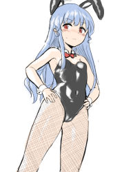 Rule 34 | 1girl, alternate costume, animal ears, bare shoulders, blue hair, blush, bow, bowtie, breasts, covered navel, fake animal ears, fishnet pantyhose, fishnets, hands on own hips, hinanawi tenshi, leotard, long hair, momo retasu, no headwear, no headwear, pantyhose, playboy bunny, rabbit ears, red bow, red eyes, simple background, sketch, small breasts, solo, standing, touhou, white background