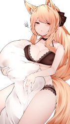 Rule 34 | 1girl, absurdres, animal ear fluff, animal ears, arknights, black bow, black bra, black choker, black panties, blemishine (arknights), blonde hair, blush, bow, bra, breasts, choker, cleavage, collarbone, commentary request, covered erect nipples, hair bow, highres, horse ears, horse girl, horse tail, lace, lace-trimmed bra, lace-trimmed panties, lace trim, large breasts, looking at viewer, hugging object, panties, parted lips, pillow, pillow hug, samip, simple background, sitting, solo, tail, underboob, underwear, white background, yellow eyes