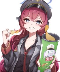 Rule 34 | 1girl, black hat, black jacket, black shirt, blue archive, brand name imitation, can, cherino (blue archive), chips (food), collarbone, collared shirt, commentary request, crossed bangs, food, grey eyes, grin, halo, hand up, hat, holding, holding can, holding food, iroha (blue archive), jacket, lapels, light blush, long hair, long sleeves, looking at viewer, loose necktie, necktie, nezumin, open clothes, open collar, open jacket, outstretched arm, pink hair, potato chips, pringles, pringles can, purple halo, red necktie, shirt, simple background, smile, solo, upper body, white background