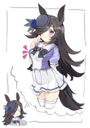 Rule 34 | 1girl, alternate breast size, animal ears, black bow, black hair, blouse, blue flower, blue rose, blush, bow, bowl, bowtie, breasts, chopsticks, closed eyes, dual persona, eating, flower, flower hat, food, hair over one eye, hand on own face, hat, highres, horse ears, horse girl, horse tail, horseshoe ornament, imagining, large breasts, long hair, pleated skirt, puffy cheeks, puffy short sleeves, puffy sleeves, purple eyes, purple shirt, rice, rice bowl, rice shower (umamusume), rose, sailor collar, school uniform, shirt, short sleeves, skirt, smile, tail, teranekosu, thighhighs, thought bubble, tracen school uniform, umamusume, white background, white sailor collar, white skirt, white thighhighs