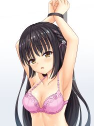 Rule 34 | 1girl, armpits, arms up, bare arms, black hair, blush, bound, bound wrists, bra, braid, breasts, cafe stella to shinigami no chou, cleavage, collarbone, commentary request, flower, furrowed brow, hair between eyes, hair flower, hair ornament, hair ribbon, highres, long hair, looking at viewer, medium breasts, mole, mole under eye, open mouth, paid reward available, pink bra, pink ribbon, restrained, ribbon, shiki natsume, shy, side braid, simple background, solo, straight hair, tamba i, underwear, upper body, very long hair, white background, white flower, yellow eyes