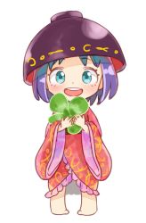 Rule 34 | 1girl, :d, barefoot, blue eyes, bogyaku no m, bowl, bowl hat, chibi, clover, four-leaf clover, full body, hands up, hat, holding, holding clover, japanese clothes, kimono, long sleeves, looking at viewer, obi, object on head, open mouth, purple hair, sash, short hair, simple background, smile, solo, sukuna shinmyoumaru, touhou, white background, wide sleeves