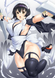 Rule 34 | 1girl, :&gt;, :o, apron, artist request, ass, black eyes, black hair, breasts, butterfly swords, cleavage, curvy, feathers, flipped hair, hair ornament, highleg, highleg leotard, holding, holding weapon, iroha (samurai spirits), jumping, large breasts, leotard, leotard under clothes, looking at viewer, maid, maid headdress, revealing clothes, samurai spirits, shiny skin, short hair, simple background, solo, thighhighs, weapon, white apron, wide hips