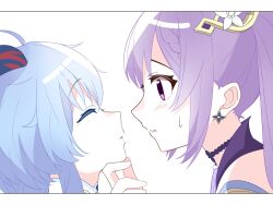 Rule 34 | 2girls, blue hair, braid, closed eyes, commentary request, earrings, ganyu (genshin impact), genshin impact, hand on another&#039;s chin, highres, horns, imminent kiss, jewelry, keqing (genshin impact), long hair, looking at another, multiple girls, parted lips, purple eyes, purple hair, side braid, simple background, sweatdrop, twintails, white background, wu qin (gyxx 04), yuri