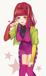 Rule 34 | 1girl, blunt bangs, earrings, gnosia, heart, heart earrings, heart tattoo, high ponytail, highres, jewelry, long hair, long sleeves, looking at viewer, nail polish, one eye closed, red hair, sedamaki, simple background, smile, solo, sq (gnosia), tattoo, upper body