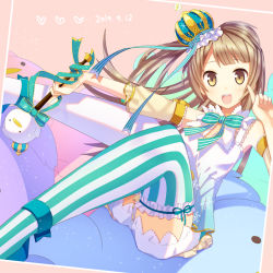 Rule 34 | 1girl, ankle lace-up, artist name, artist request, asymmetrical legwear, bare shoulders, bird, bloomers, blush, breasts, brown eyes, brown hair, cross-laced footwear, crown, detached sleeves, female focus, grin, highres, light brown hair, long hair, looking at viewer, love live!, love live! school idol festival, love live! school idol project, minami kotori, minami kotori (bird), mini crown, mismatched legwear, navel, outstretched arms, pigeon-toed, pink background, puffy detached sleeves, puffy sleeves, scepter, sitting, skirt, smile, solo, standing, striped clothes, striped thighhighs, thighhighs, tsunaudon, underwear, uneven legwear, vertical-striped clothes, vertical-striped thighhighs, white thighhighs, yellow eyes, zettai ryouiki
