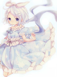 Rule 34 | 1girl, alternate color, blue dress, blue eyes, blue neckerchief, bow, coco (hinatacoco), commentary, dress, expressionless, frilled dress, frilled sash, frills, full body, hair bow, hair ornament, hairclip, highres, kagamine rin, legs up, looking at viewer, neckerchief, ribbon, sash, short hair, solo, star (symbol), vocaloid, white bow, white hair