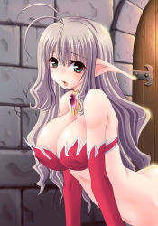 Rule 34 | 1girl, antenna hair, blonde hair, bottomless, breasts, butt crack, cleavage, elbow gloves, elf, female focus, gloves, green eyes, large breasts, long hair, original, pointy ears, silver hair, solo, tenshou akira, tongue