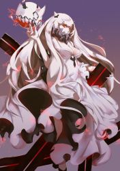 Rule 34 | 10s, 1girl, abyssal ship, breasts, cleavage, colored skin, covered mouth, deathsaur, desuko, dress, fingernails, highres, kantai collection, long fingernails, long hair, long sleeves, midway princess, red eyes, solo, very long hair, white dress, white hair, white skin