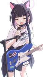 Rule 34 | 1girl, animal ears, black hair, blue archive, cat ears, cat girl, closed eyes, clothes around waist, colored inner hair, electric guitar, guitar, halo, highres, holding, holding guitar, holding instrument, holding microphone, instrument, jacket, jacket around waist, karahai (31448823), kazusa (band) (blue archive), kazusa (blue archive), mask, mask around neck, medium hair, microphone, mouth mask, multicolored hair, music, open mouth, pink hair, pink halo, shirt, short sleeves, singing, smile, solo, standing, t-shirt, white shirt