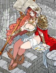 Rule 34 | 1girl, armor, blue eyes, breasts, cape, chain, cleavage, commentary, commission, english commentary, hammer, holding, holding hammer, holding weapon, huge weapon, kafun, large breasts, laurel crown, long hair, orange hair, original, parted bangs, pauldrons, phyridosa (the mute cynic), pillar, red cape, shoulder armor, single pauldron, sitting, sitting on stairs, skeb commission, smile, solo, stairs, weapon