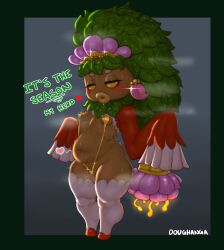 Rule 34 | 1girl, absurdres, artist name, bikini, blue background, blush, border, breasts, deku princess, detached sleeves, doughchanga, earrings, fat, full body, gradient background, hair ornament, half-closed eyes, highres, jewelry, long hair, long sleeves, looking at viewer, navel, nintendo, plant hair, red footwear, shortstack, sleeves past wrists, slingshot swimsuit, small breasts, solo, standing, steam, swimsuit, the legend of zelda, the legend of zelda: majora&#039;s mask, thighhighs, white thighhighs, yellow bikini, yellow eyes