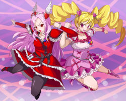Rule 34 | 00s, 2girls, arms locked, blonde hair, boots, bow, breasts, choker, cure passion, cure peach, dress, eyelashes, fresh precure!, hair ornament, head wings, heart, heart hair ornament, higashi setsuna, highres, ishida baru, knee boots, locked arms, long hair, magical girl, medium breasts, momozono love, multiple girls, pantyhose, pink bow, pink eyes, pink footwear, pink hair, pouch, precure, red eyes, tiara, twintails, very long hair, waist bow, white choker, wings, wrist cuffs