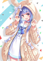 Rule 34 | 1girl, :d, animal ear hood, animal ears, ascot, blue ascot, blue hair, blunt bangs, blush, bow, brown cardigan, brown eyes, cardigan, choker, claw pose, commentary request, confetti, cowboy shot, dress, eyelashes, fake animal ears, hands up, highres, hololive, hood, hood up, hooded cardigan, long hair, long sleeves, looking at viewer, open cardigan, open clothes, open mouth, rabbit-shaped pupils, rabbit ears, sailor collar, sailor dress, sidelocks, simple background, smile, solo, standing, symbol-shaped pupils, tomo wakui, usada pekora, virtual youtuber, white background, white bow, white choker, white dress, white sailor collar