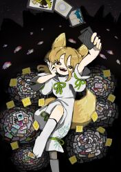 Rule 34 | 1girl, ability card (touhou), animal ears, arm up, black background, card, foot out of frame, fox ears, fox girl, fox tail, green ribbon, hair between eyes, highres, holding, holding card, kudamaki tsukasa, light brown hair, long hair between eyes, neruzou, no shoes, open mouth, ribbon, short sleeves, smile, socks, solo, tabi, tail, touhou, white romper, white socks