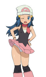 Rule 34 | 00s, 1girl, ;d, beanie, black thighhighs, blue eyes, blue hair, blush, boots, chiwino, creatures (company), crotch seam, dawn (pokemon), dress, feet out of frame, female focus, game freak, hands on own hips, hat, long hair, looking at viewer, matching hair/eyes, nintendo, one eye closed, open mouth, panties, pantyshot, pokemon, pokemon dppt, simple background, skirt, smile, solo, standing, thighhighs, underwear, white background, white thighhighs, wind, wind lift