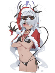 Rule 34 | 1girl, adapted costume, anger vein, angry, bell, bikini, black bikini, black choker, black gloves, blue archive, blush, breasts, brown eyes, capelet, choker, christmas, closed mouth, collarbone, cowboy shot, crossed arms, dark-skinned female, dark skin, demon girl, demon tail, eyewear on head, fake facial hair, fake mustache, fur-trimmed capelet, fur-trimmed headwear, fur trim, gloves, grey hair, groin, hair over one eye, halo, hat, highres, iori (blue archive), iori (swimsuit) (blue archive), long hair, looking at viewer, makkurourufu, medium breasts, multi-strapped bikini bottom, navel, neck bell, official alternate costume, pointy ears, red capelet, red hat, ribbon, santa costume, santa hat, side-tie bikini bottom, simple background, small breasts, solo, stomach, string bikini, sunglasses, swimsuit, tail, tail ornament, tail ribbon, twintails, white background