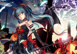 Rule 34 | 1girl, absurdres, choker, demon wings, dress, elbow gloves, fang, fang out, gloves, halloween, hatsune miku, highres, horns, jack-o&#039;-lantern, long hair, microphone, microphone stand, night, power lines, seiya asakami, solo, tail, twintails, vocaloid, wings