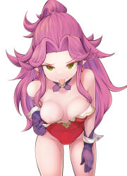 Rule 34 | 1girl, :p, amekosame, angela (seiken densetsu 3), bare shoulders, breasts, cleavage, collarbone, commentary request, earrings, gloves, green eyes, jewelry, large breasts, leotard, leotard pull, long hair, looking at viewer, medium breasts, nipples, pointy ears, purple hair, red leotard, seiken densetsu, seiken densetsu 3, simple background, smile, solo, tongue, tongue out, white background