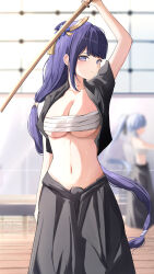 Rule 34 | 2girls, absurdres, arm up, ayaka (genshin impact), black jacket, black skirt, blue hair, blurry, blurry background, blush, braid, braided ponytail, breasts, cleavage, commentary request, cowboy shot, genshin impact, hair ornament, highres, holding, holding sword, holding weapon, jacket, korean commentary, large breasts, long hair, long skirt, looking at viewer, mole, mole under eye, multiple girls, navel, open clothes, open jacket, purple eyes, purple hair, raiden shogun, sarashi, sidelocks, skirt, solo focus, standing, stomach, sword, very long hair, weapon, wooden sword, yeni1871