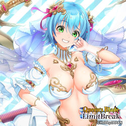 Rule 34 | 1girl, armor, bare shoulders, blue hair, bracelet, breasts, company name, copyright name, copyright notice, detached sleeves, gloves, green eyes, grin, hair between eyes, hair ornament, hand on own hip, jewelry, large breasts, logo, looking at viewer, nanael (queen&#039;s blade), navel, official art, queen&#039;s blade, queen&#039;s blade limit break, revealing clothes, short hair, smile, solo, stomach, teeth, transparent gloves, weapon