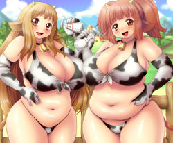 Rule 34 | 2girls, animal ears, animal print, asymmetrical docking, bell, bikini, breast press, breasts, brown eyes, brown hair, cleavage, cow ears, cow girl, cow print, day, elbow gloves, farm, female focus, gloves, highres, horns, huge breasts, kokumotsu, long hair, milk, multiple girls, navel, open mouth, original, outdoors, plump, standing, swimsuit, thick arms, twintails, wide hips