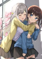 Rule 34 | 2girls, :d, ^ ^, black skirt, blue cardigan, blue eyes, breasts, brown hair, cardigan, closed eyes, closed mouth, collared shirt, commentary request, grey hair, hair bobbles, hair ornament, hairclip, hug, hug from behind, indoors, keiran (ryo170), long hair, long sleeves, md5 mismatch, medium breasts, multiple girls, one side up, open mouth, original, pleated skirt, resolution mismatch, school uniform, shirt, skirt, sleeves past wrists, smile, source larger, very long hair, white shirt, x hair ornament, yellow cardigan, yuri