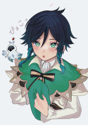 Rule 34 | 1boy, absurdres, androgynous, arrow (symbol), barbatos (genshin impact), beret, black hair, blue hair, blush, bow, braid, cape, cloak, collared cape, collared shirt, commentary request, detached wings, elemental (creature), flower, frilled sleeves, frills, genshin impact, gradient hair, green eyes, green hat, hat, highres, holding, holding clothes, holding hat, hood, hood up, hooded cloak, long sleeves, male focus, multicolored hair, nakura hakuto, notice lines, open mouth, shirt, short hair with long locks, simple background, solo, spirit, translation request, twin braids, unworn hat, unworn headwear, venti (genshin impact), white background, white flower, white shirt, wings