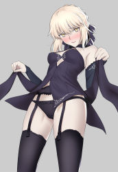 Rule 34 | 1girl, artoria pendragon (all), artoria pendragon (fate), bare shoulders, black panties, black ribbon, black thighhighs, blonde hair, blush, braid, bridal gauntlets, fate/stay night, fate (series), french braid, full-face blush, garter belt, garter straps, grey background, hair between eyes, hair ribbon, highres, open mouth, panties, parted lips, ribbon, saber alter, sidelocks, simple background, smile, solo, standing, thighhighs, thighs, underwear, yellow eyes, yoshiki360