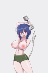 Rule 34 | 1girl, absurdres, blue hair, breasts, buruma, collarbone, cow girl, cow horns, cow tail, dumbbell, fang, green buruma, highres, horns, jashin-chan dropkick, large breasts, looking at viewer, midriff, minos (jashin-chan dropkick), minos drawfag, navel, nipples, no bra, red eyes, short hair, simple background, smile, solo, sweat, tail, topless
