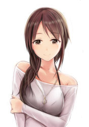 Rule 34 | 1girl, black bra, blush, bra, bralines, breasts, brown eyes, brown hair, closed mouth, collarbone, grey shirt, hair over shoulder, hand on own arm, idolmaster, idolmaster cinderella girls, jewelry, long hair, long sleeves, looking at viewer, medium breasts, mifune miyu, nannacy7, necklace, off-shoulder shirt, off shoulder, pendant, shirt, simple background, smile, solo, underwear, upper body, white background