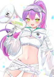 Rule 34 | 1girl, absurdres, bandeau, belt, braid, braided bangs, breasts, buckle, character name, cleavage, ear piercing, french braid, fuyumi (norealist holo), gloves, goggles, goggles on head, green eyes, grey belt, highres, hip tattoo, holding, holding megaphone, hololive, hooded shrug, long hair, long sleeves, looking at viewer, medium breasts, megaphone, midriff, multicolored hair, navel, official alternate costume, open mouth, piercing, pink hair, puffy long sleeves, puffy sleeves, purple hair, see-through, see-through sleeves, short shorts, shorts, shrug (clothing), smile, snap-fit buckle, solo, stomach, streaked hair, thigh belt, thigh strap, tokoyami towa, tokoyami towa (5th costume), very long hair, virtual youtuber, white background, white bandeau, white belt, white gloves, white hair, white shorts, white shrug, zipper pull tab