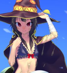 Rule 34 | 1girl, bandages, black hair, cape, closed mouth, commentary request, gishu, hat, highres, kono subarashii sekai ni shukufuku wo!, long hair, looking at viewer, megumin, red eyes, slime (substance), smile, solo, thighhighs, witch hat
