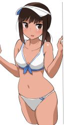 Rule 34 | 1girl, alternate costume, bikini, black eyes, black hair, blush, breasts, collarbone, commentary request, cowboy shot, cropped legs, fubuki (kancolle), hat, kantai collection, long hair, looking at viewer, low ponytail, navel, open mouth, ponytail, short ponytail, sidelocks, simple background, skindentation, small breasts, smile, solo, swimsuit, tamu (mad works), tan, visor cap, white background, white bikini, white hat