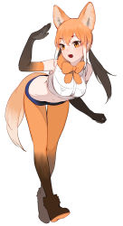 Rule 34 | 10s, 1girl, animal ears, beijuu, bent over, black hair, blush, bow, bowtie, breasts, elbow gloves, full body, fur collar, gloves, gradient gloves, gradient legwear, highres, kemono friends, large breasts, long hair, low twintails, maned wolf (kemono friends), midriff, multicolored clothes, multicolored hair, multicolored legwear, navel, open mouth, orange eyes, orange hair, orange pantyhose, pantyhose, shorts, simple background, sleeveless, solo, standing, tail, twintails, white background, wolf ears, wolf tail