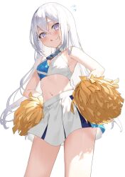 Rule 34 | 1girl, alternate costume, armpits, azusa (blue archive), bare arms, bare shoulders, blue archive, blush, breasts, cheerleader, cleavage, cleavage cutout, clothing cutout, collared shirt, cosplay, crop top, embarrassed, hair between eyes, halterneck, hands on own hips, highres, holding, holding pom poms, long hair, looking at viewer, midriff, millennium cheerleader outfit (blue archive), miniskirt, navel, open mouth, pleated skirt, pom pom (cheerleading), pom poms, purple eyes, shirt, skirt, sleeveless, sleeveless shirt, small breasts, solo, stomach, thighs, two-tone shirt, very long hair, white hair, white shirt, white skirt, xkirara39x