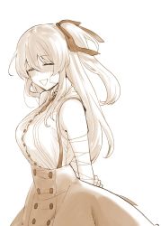 Rule 34 | arms behind back, assault lily, bandaged arm, bandaged hand, bandages, bandaid, bandaid on cheek, bandaid on face, bare shoulders, blush, breasts, buttons, closed eyes, collared shirt, cowboy shot, greyscale, grin, hair between eyes, hair ribbon, hand on own arm, high-waist skirt, highres, kuo shenlin, long hair, medium breasts, monochrome, neck ribbon, one side up, ribbon, school uniform, shirt, sidelocks, simple background, skirt, sleeveless, sleeveless shirt, smile, standing, su (sconbuoishi), suspender skirt, suspenders, white background, yurigaoka girls academy school uniform