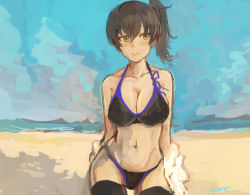 Rule 34 | 1girl, beach, bikini, black bikini, black thighhighs, blush, breasts, brown eyes, cleavage, closed mouth, day, hair between eyes, highres, kaga (kancolle), kantai collection, large breasts, moor, ocean, outdoors, ponytail, side ponytail, signature, sky, solo, swimsuit, thighhighs