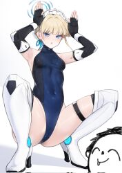 Rule 34 | 1boy, 1girl, armpits, arms up, doodle sensei (blue archive), bare shoulders, black gloves, black leotard, blonde hair, blue archive, blue eyes, blue leotard, blue ribbon, blush, boots, braid, breasts, bun cover, commentary request, covered navel, elbow gloves, fingerless gloves, french braid, gloves, hair bun, high heel boots, high heels, highleg, highleg leotard, highres, leotard, looking at viewer, maid headdress, onion (kumagaioyr), open mouth, rabbit pose, ribbon, sensei (blue archive), shadow, short hair, sleeveless turtleneck leotard, small breasts, squatting, sweatdrop, thigh boots, thighs, toki (blue archive), tsurime, two-tone leotard, white background, white footwear