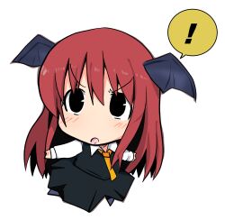 Rule 34 | !, 1girl, :o, alternate eye color, bat wings, black eyes, black footwear, black skirt, black vest, chibi, collarbone, commentary request, full body, hair between eyes, head wings, highres, koakuma, ladfa, long hair, necktie, no nose, outstretched arms, red eyes, sidelocks, simple background, skirt, solo, speech bubble, spoken exclamation mark, spread arms, touhou, v-shaped eyebrows, very long hair, vest, white background, wings, yellow necktie