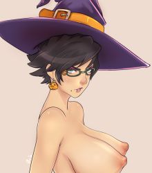 Rule 34 | 1girl, alternate hair length, alternate hairstyle, artist name, bayonetta, bayonetta, bayonetta (series), bayonetta 2, black hair, blue eyes, breasts, earrings, eyeshadow, female focus, glasses, halloween, hat, huge breasts, jack-o&#039;-lantern, jack-o&#039;-lantern earrings, jewelry, large breasts, lipstick, makeup, mole, mole under mouth, nipples, nose, nude, pink background, puffy nipples, revision, short hair, simple background, solo, superboin, upper body, witch hat