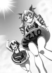 Rule 34 | 10s, 2girls, anchovy (girls und panzer), artist request, blush, breasts, curvy, drill hair, female focus, girls und panzer, hair ribbon, happy, long hair, looking at viewer, monochrome, multiple girls, one-piece swimsuit, pepperoni (girls und panzer), ribbon, running, shiny skin, sky, swimsuit, twintails