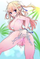 Rule 34 | 1girl, anus, ass, back, bad id, bad pixiv id, blonde hair, blue eyes, blush, breasts, hand on own ass, looking at viewer, nipples, open mouth, original, pointy ears, pussy, solo, tajima ryuushi, two side up, uncensored