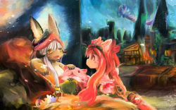 Rule 34 | 1girl, 1other, animal ears, belafu, blush, creature, dual persona, ears through headwear, furry, long hair, made in abyss, mitty (made in abyss), mitty (made in abyss) (furry), nanachi (made in abyss), open mouth, pumichi, red eyes, red hair, whiskers, white hair, yellow eyes